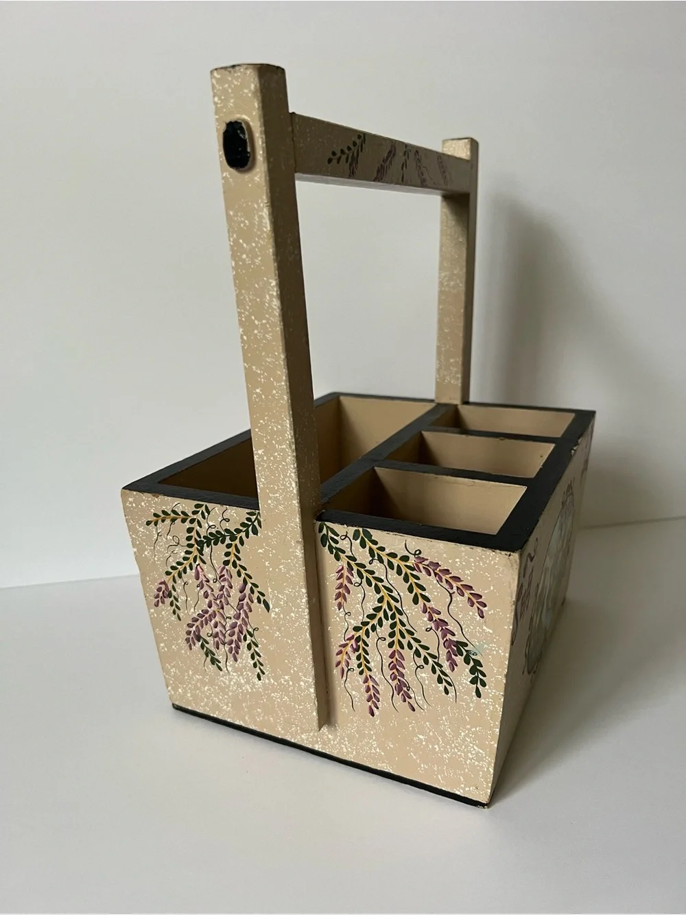 Vintage Wooden Caddy Hand-Painted with Floral Landscape Design Chinese Symbols